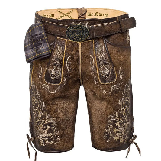 Brown leather shorts with intricate embroidery on a white background
