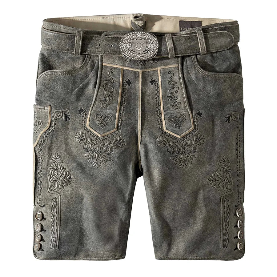 Traditional German Lederhosen with decorative stitching on a white background