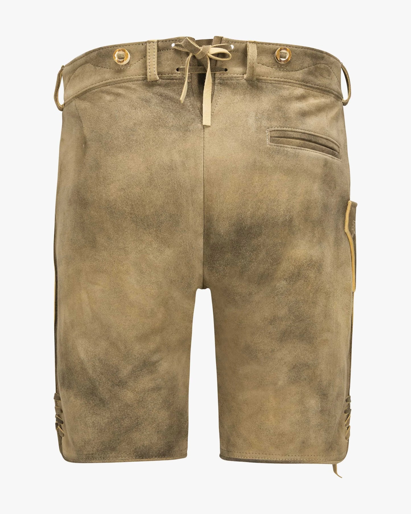 Brown shorts with gold buttons and drawstring on a white background
