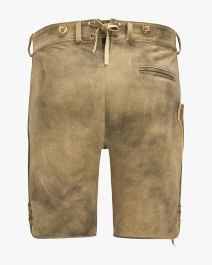 Brown shorts with gold buttons and drawstring on a white background