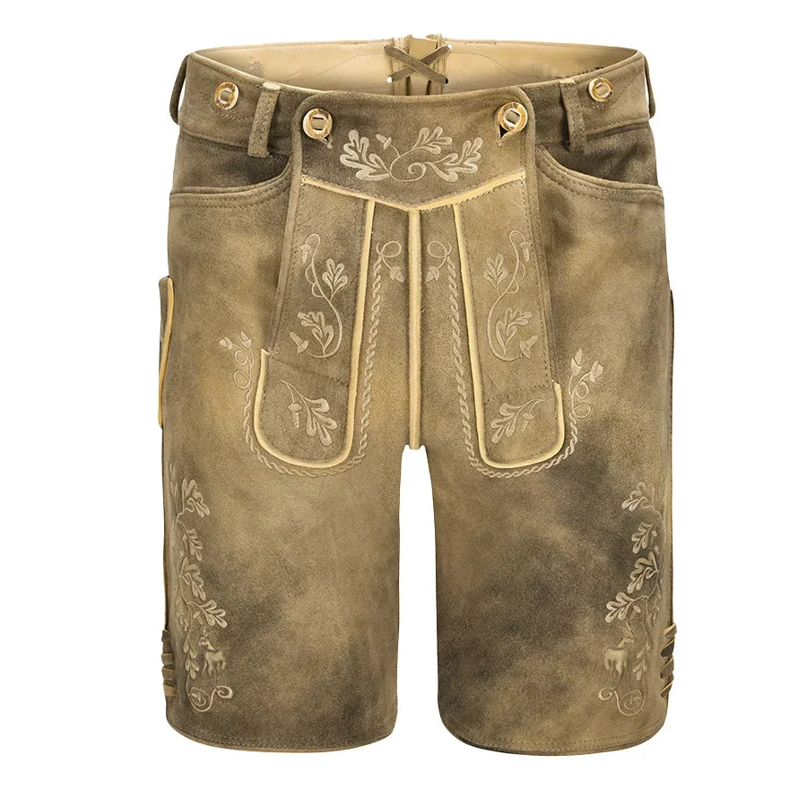 Brown leather shorts with embroidery on a white background