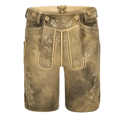 Brown leather shorts with embroidery on a white background