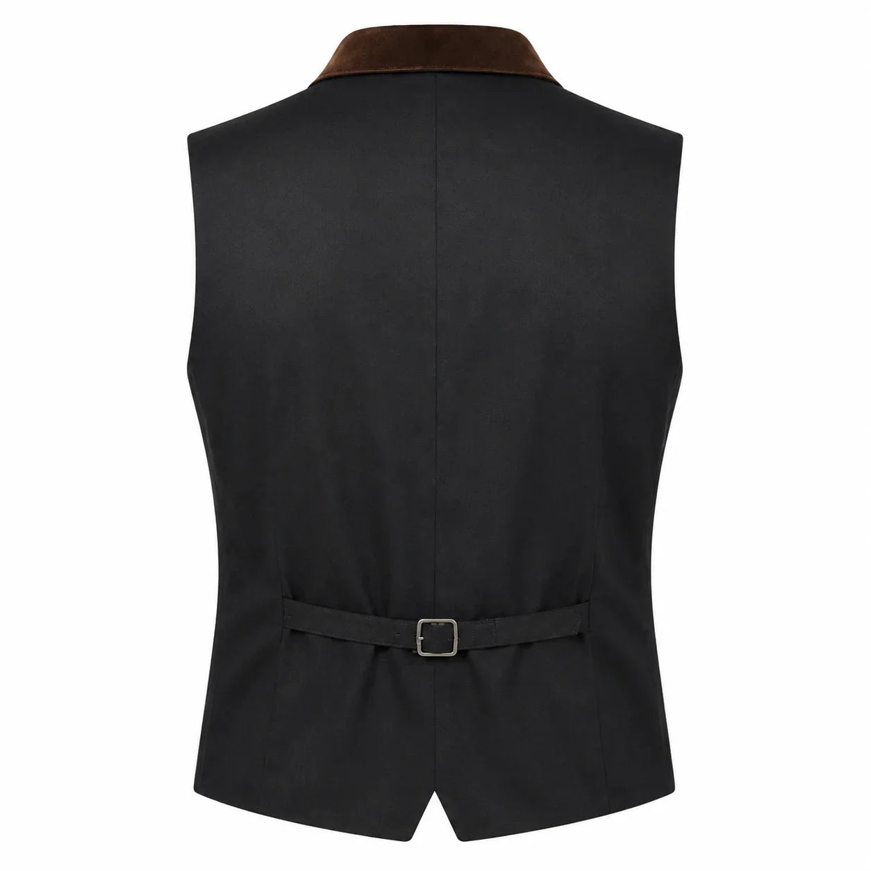 Black men's waistcoat vest with a brown collar and a matching tie belt with a silver buckle, shown from the back on a white background.