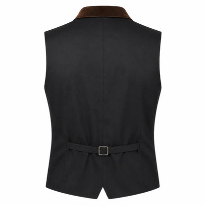 Black men's waistcoat vest with a brown collar and a matching tie belt with a silver buckle, shown from the back on a white background.