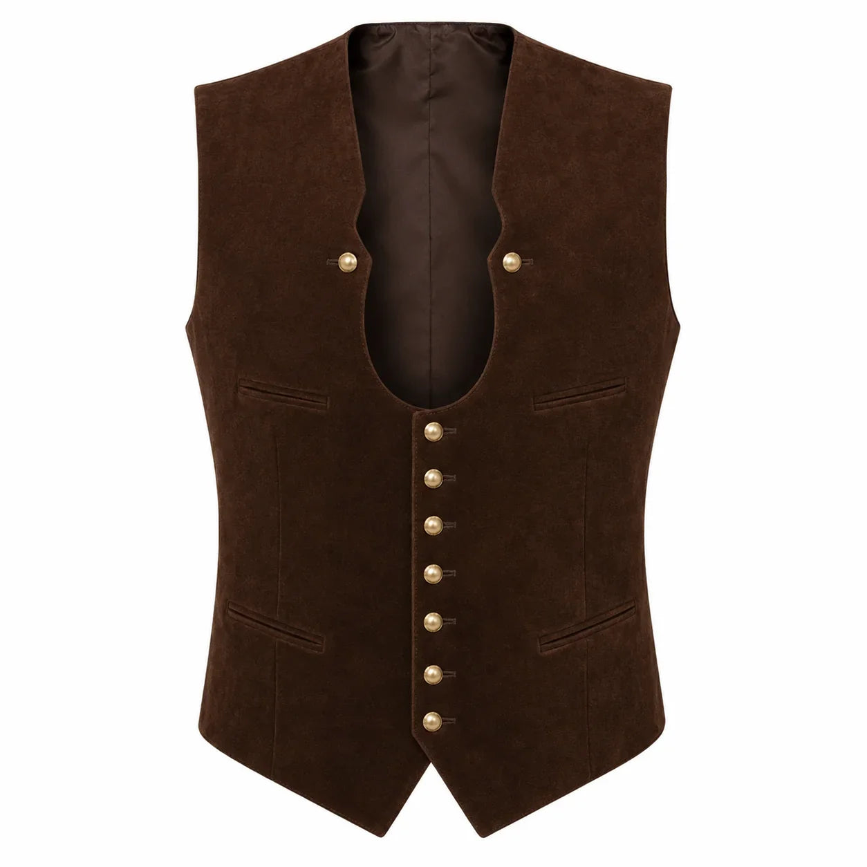 A dark brown suede vest with gold-tone decorative buttons, displayed against a solid white background.