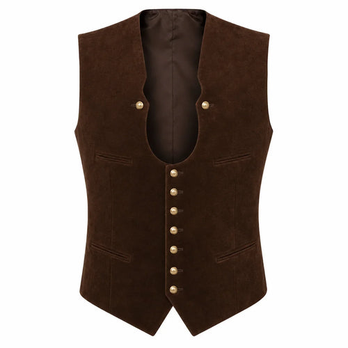 A dark brown suede vest with gold-tone decorative buttons, displayed against a solid white background.