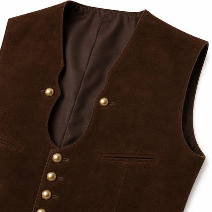 Close-up of a dark brown suede vest with gold-tone buttons and a satin brown lining, shown on a white background.