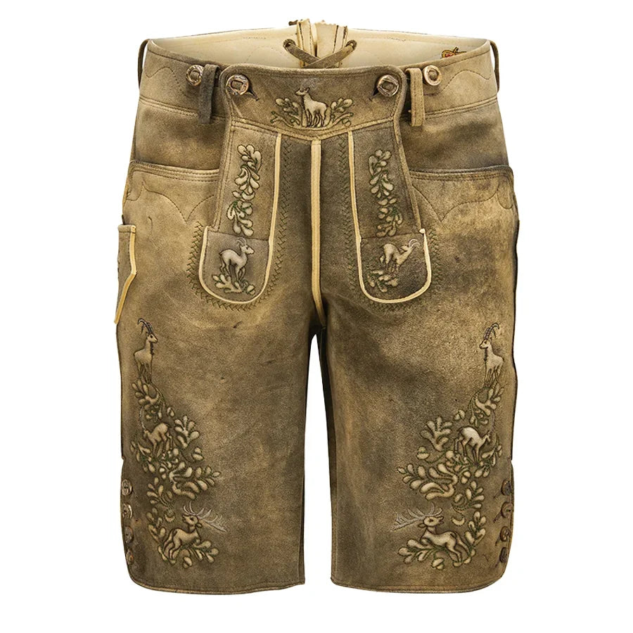 Brown leather shorts with decorative patterns on a white background