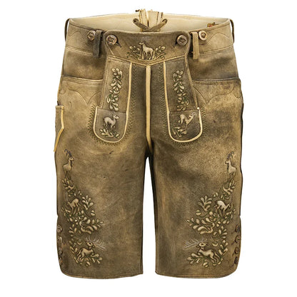 Brown leather shorts with decorative patterns on a white background