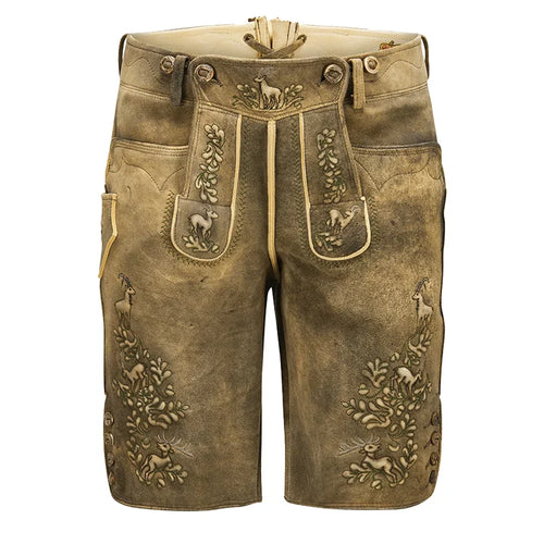 Brown leather shorts with decorative patterns on a white background