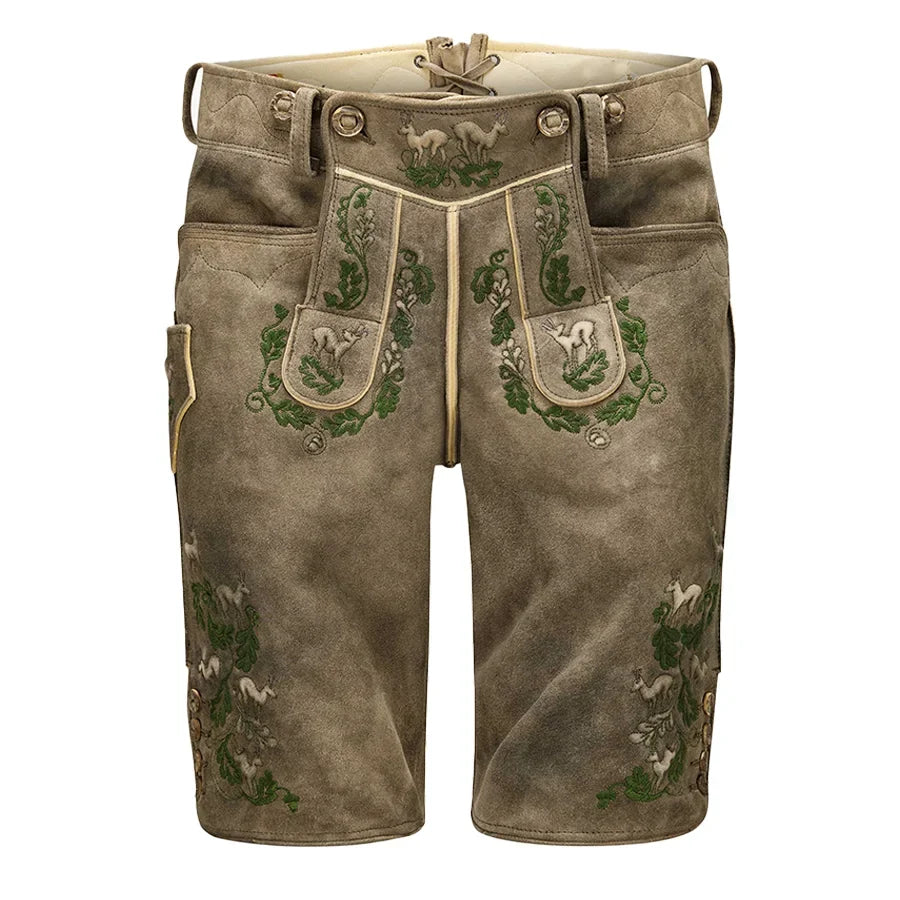 Traditional German lederhosen with embroidery on a white background