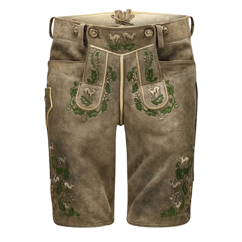 Traditional German lederhosen with embroidery on a white background