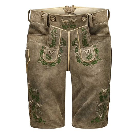 Traditional German lederhosen with embroidery on a white background