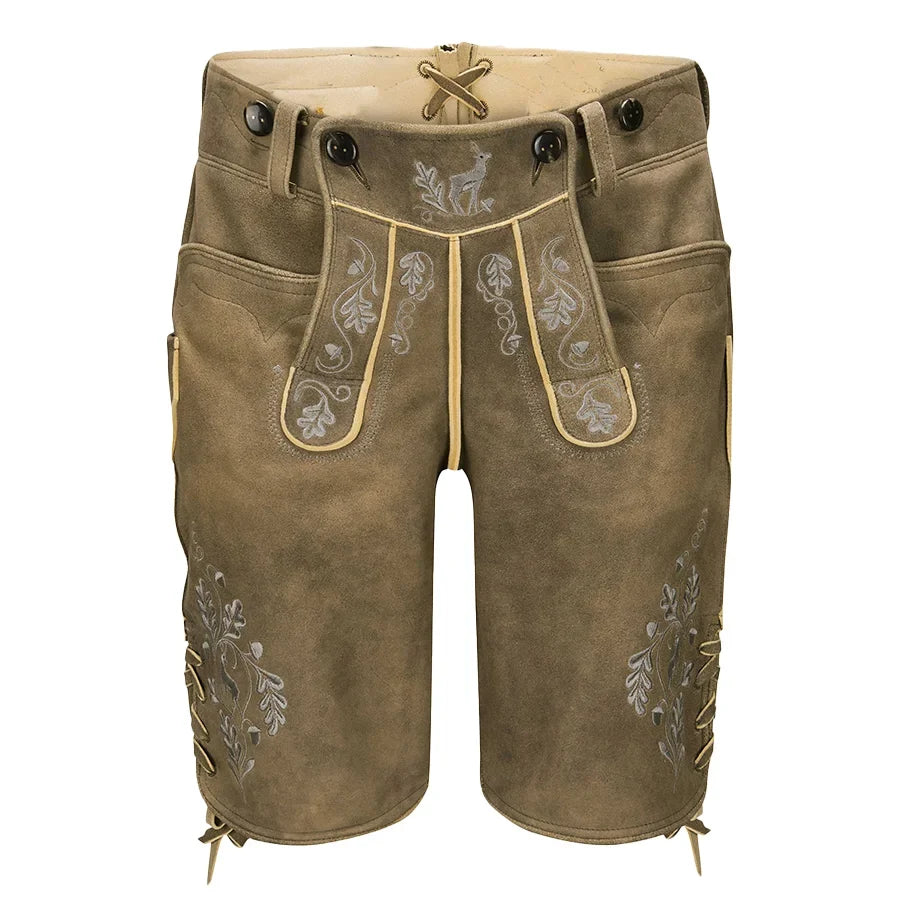 Brown leather shorts with floral embroidery on a white background