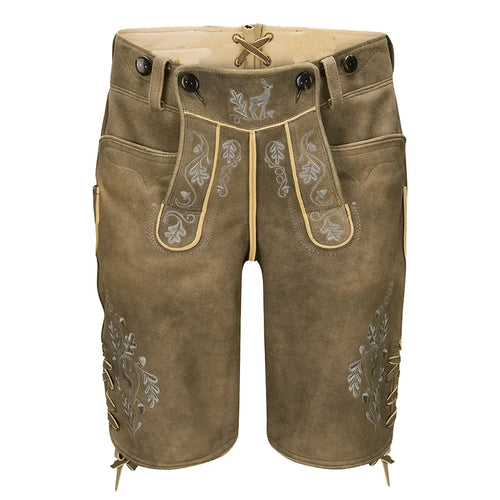 Brown leather shorts with floral embroidery on a white background