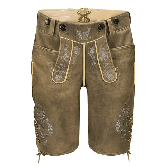 Brown leather shorts with floral embroidery on a white background