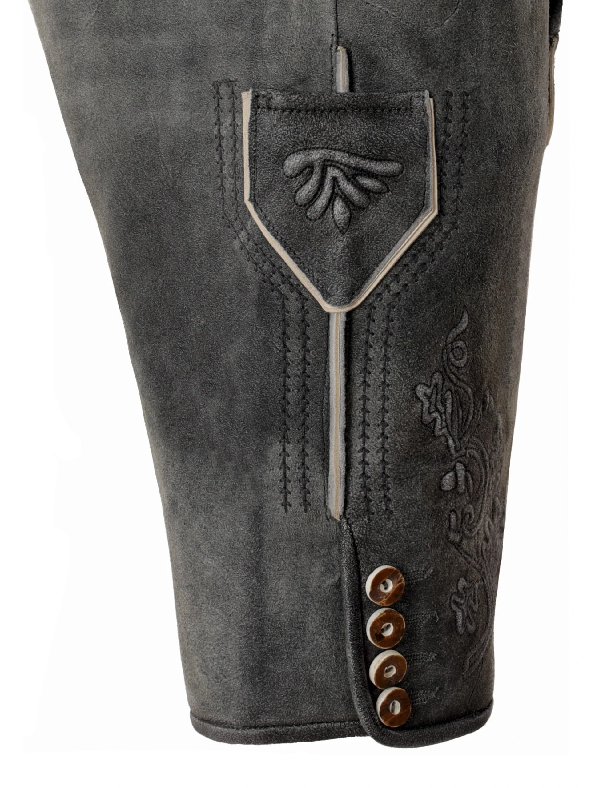 Close-up of gray leather pants with decorative stitching and buttons on a white background