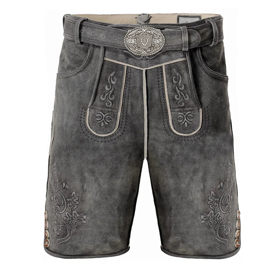 Traditional leather shorts with embroidery and a belt on a white background
