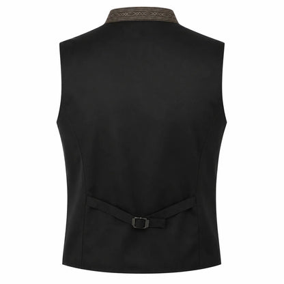 Black men's waistcoat vest with a decorative brown patterned collar and a matching rear belt with a buckle, shown on a plain white background.
