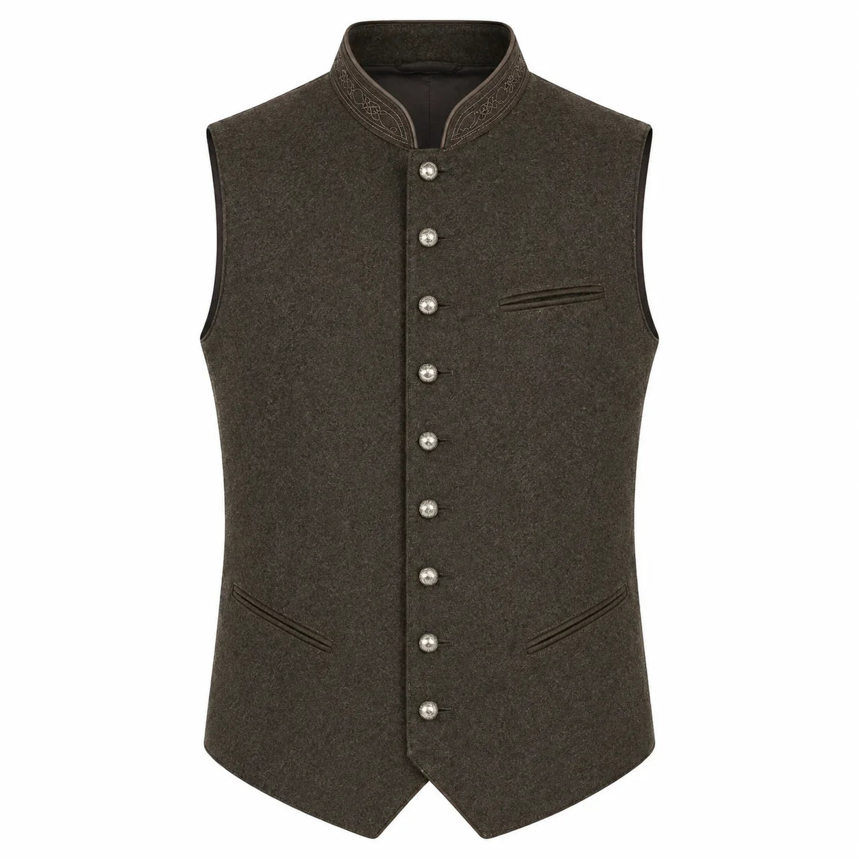 A dark brown wool vest with a mandarin collar, decorative silver-tone buttons down the front, and welt pockets, shown on a plain white background.