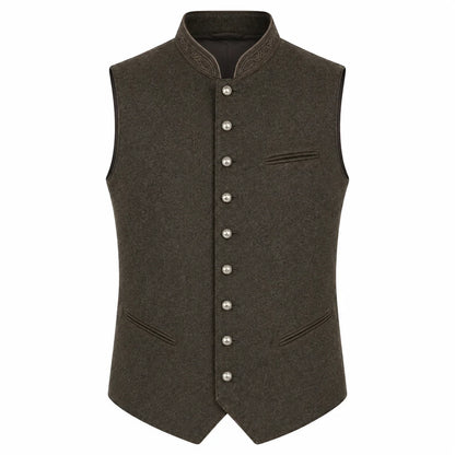 A dark brown wool vest with a mandarin collar, decorative silver-tone buttons down the front, and welt pockets, shown on a plain white background.