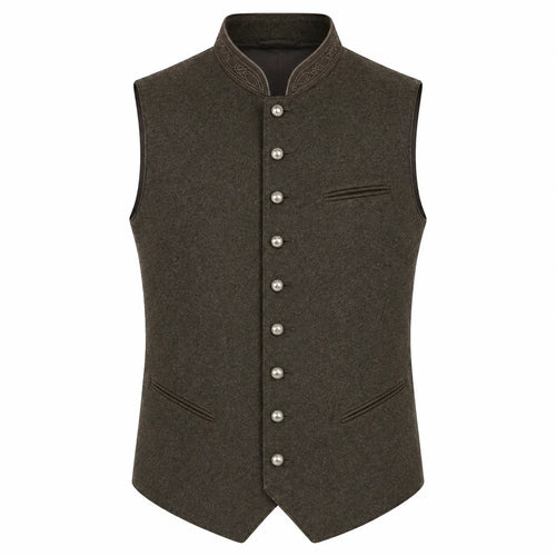 A dark brown wool vest with a mandarin collar, decorative silver-tone buttons down the front, and welt pockets, shown on a plain white background.