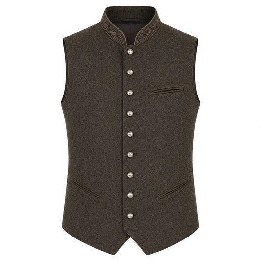A dark brown wool vest with a mandarin collar, decorative silver-tone buttons down the front, and welt pockets, shown on a plain white background.