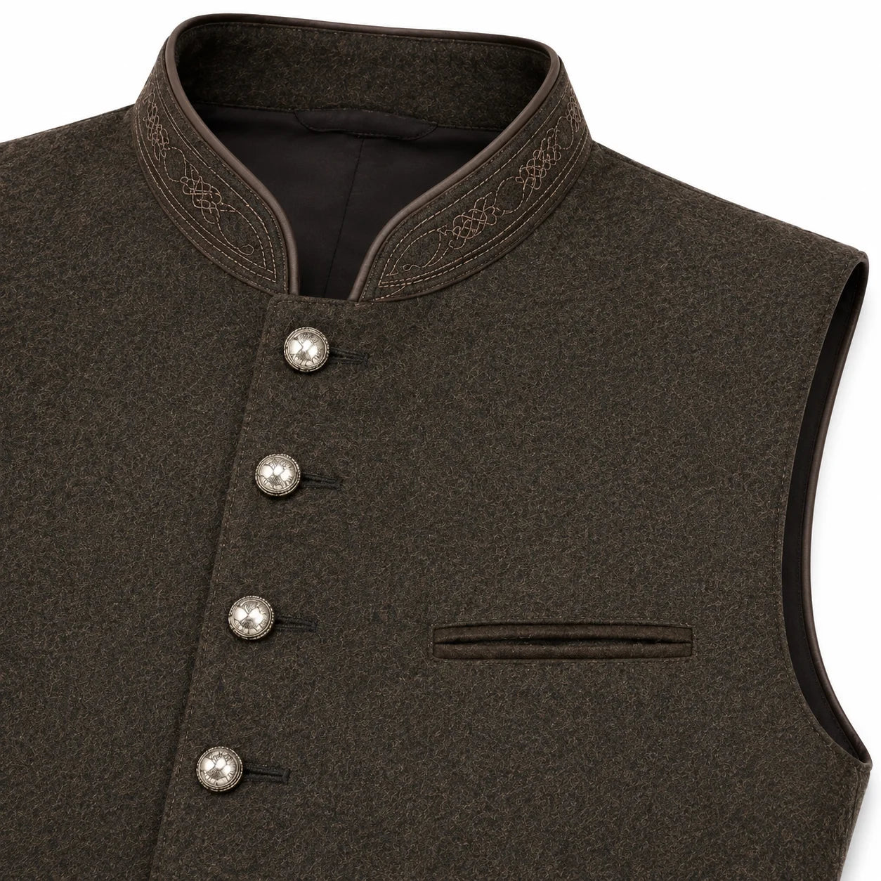 Close-up of a dark brown textured waistcoat with a mandarin collar, decorative embroidered trim, and silver-toned buttons, shown on a white background.