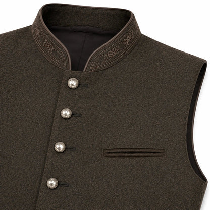 Close-up of a dark brown textured waistcoat with a mandarin collar, decorative embroidered trim, and silver-toned buttons, shown on a white background.