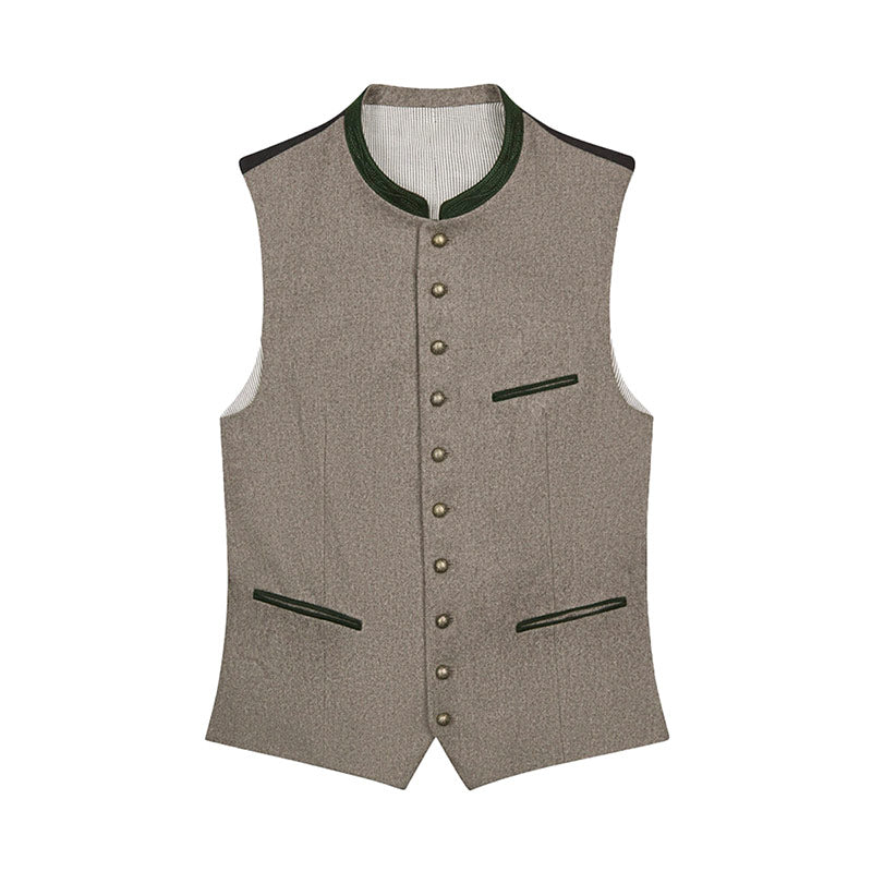 Brown vest with green trim on a white background