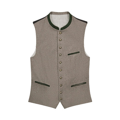 Brown vest with green trim on a white background
