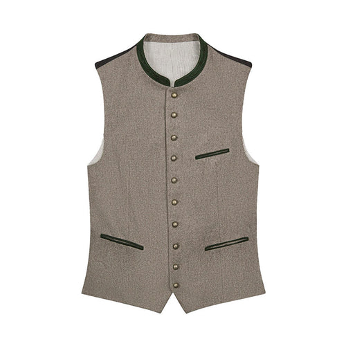 Brown vest with green trim on a white background