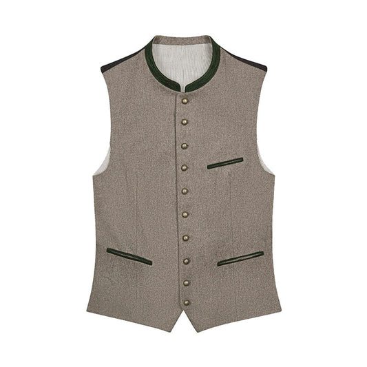 Brown vest with green trim on a white background