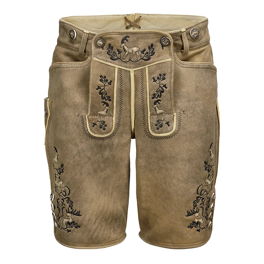 Brown leather shorts with embroidery on a white background