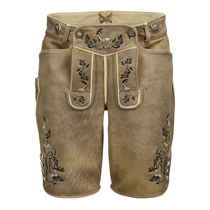 Brown leather shorts with embroidery on a white background
