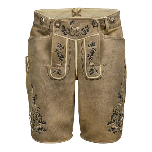 Brown leather shorts with embroidery on a white background