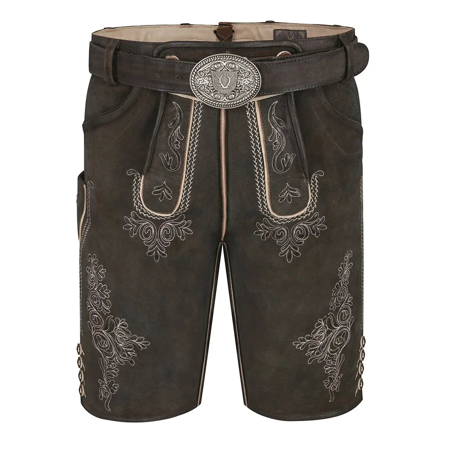 Brown leather shorts with intricate embroidery and a belt on a white background