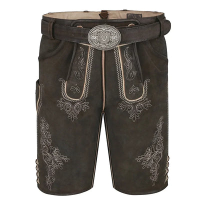 Brown leather shorts with intricate embroidery and a belt on a white background