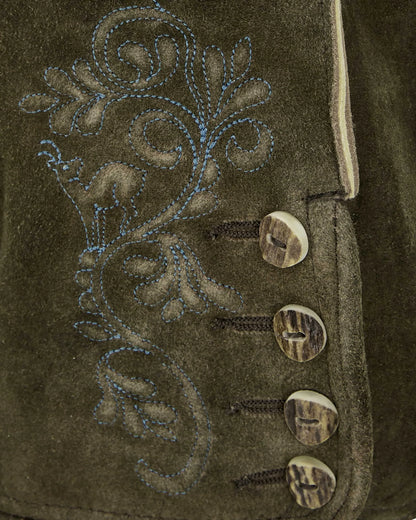 Close-up of a brown suede jacket with intricate floral embroidery and decorative buttons.