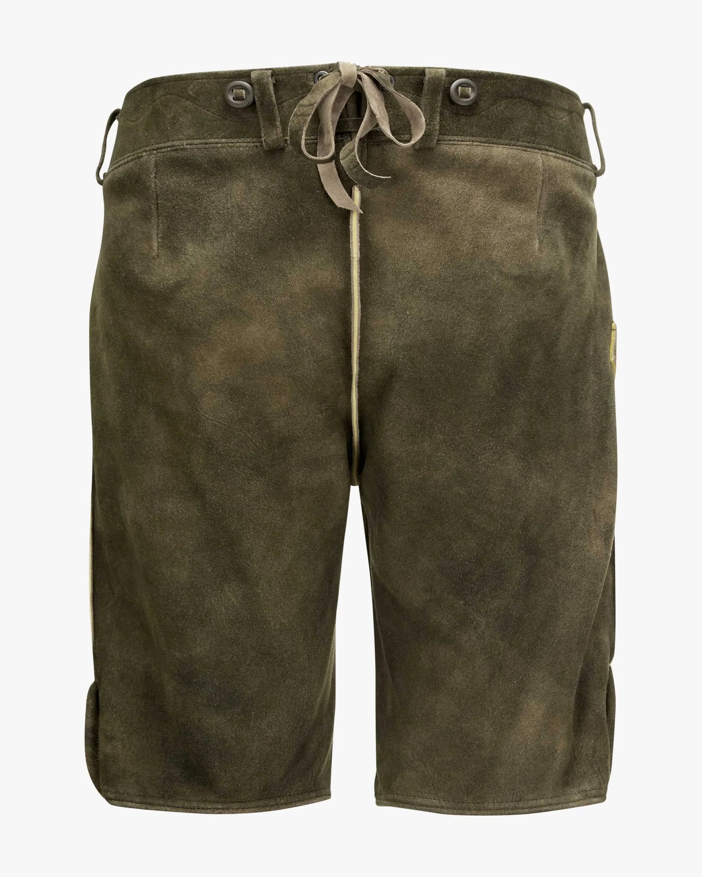 Brown leather shorts with a drawstring on a white background
