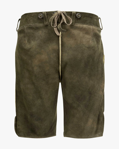 Brown leather shorts with a drawstring on a white background