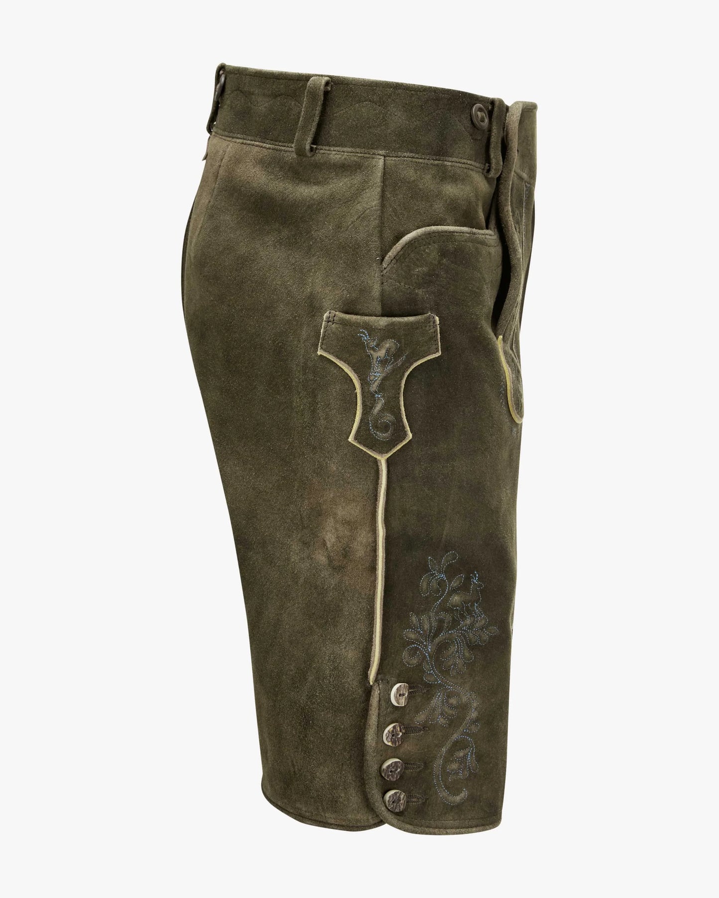 Brown leather shorts with decorative stitching on a white background