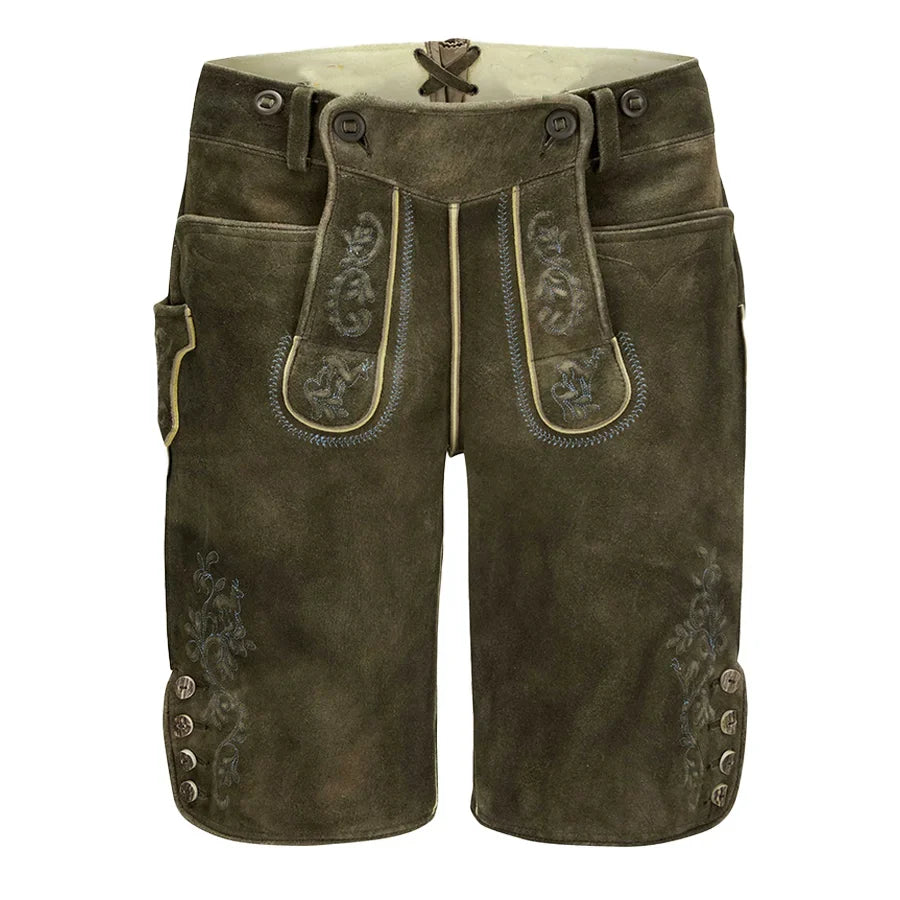 Brown leather shorts with decorative stitching on a white background
