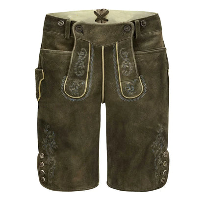 Brown leather shorts with decorative stitching on a white background