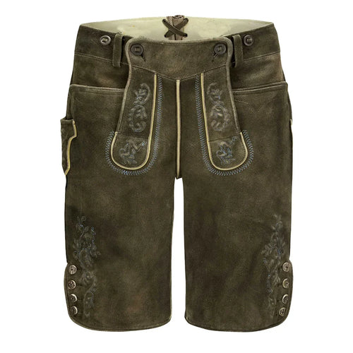 Brown leather shorts with decorative stitching on a white background