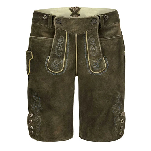 Brown leather shorts with decorative stitching on a white background