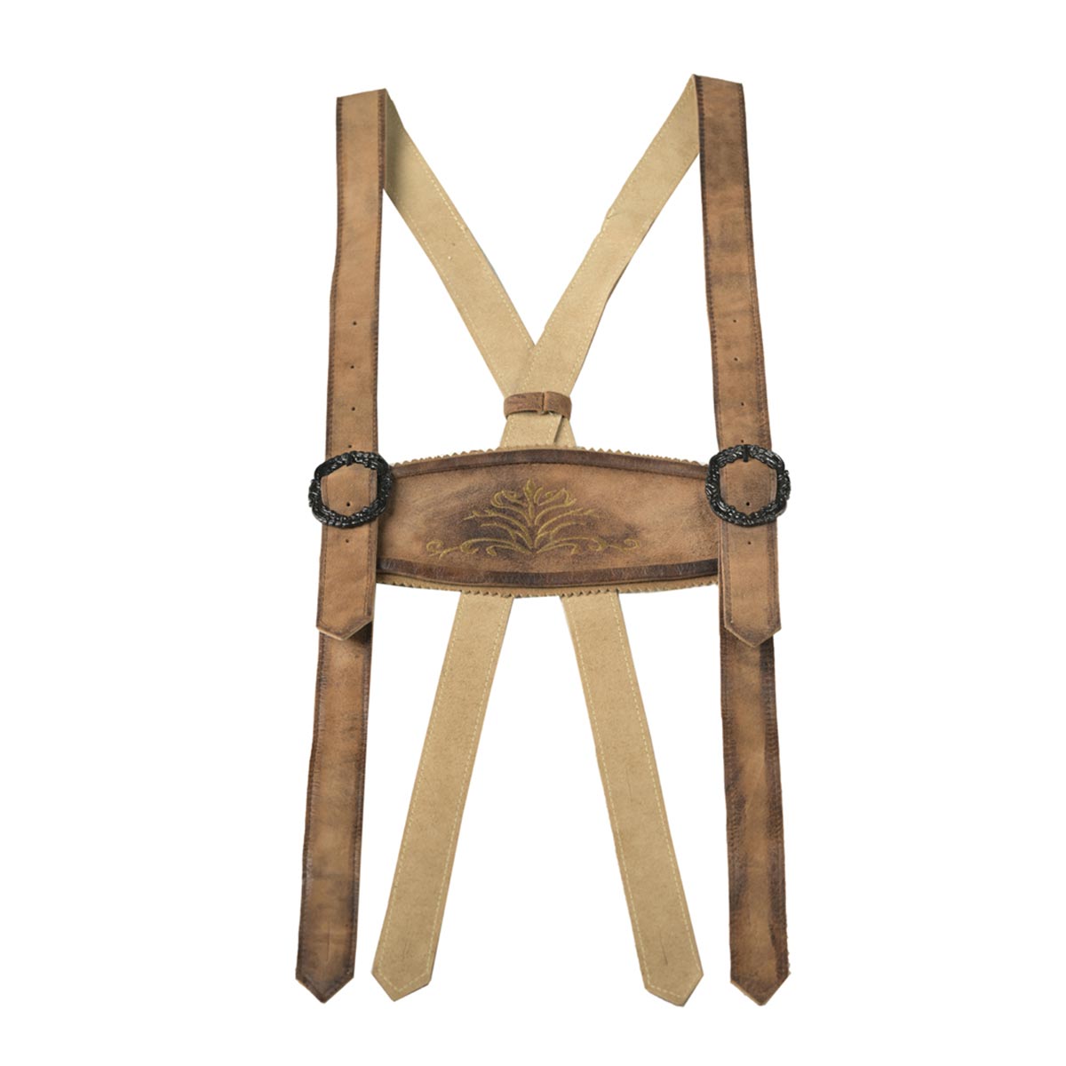 Brown leather suspenders with a decorative buckle on a white background