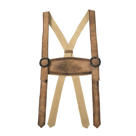 Brown leather suspenders with a decorative buckle on a white background