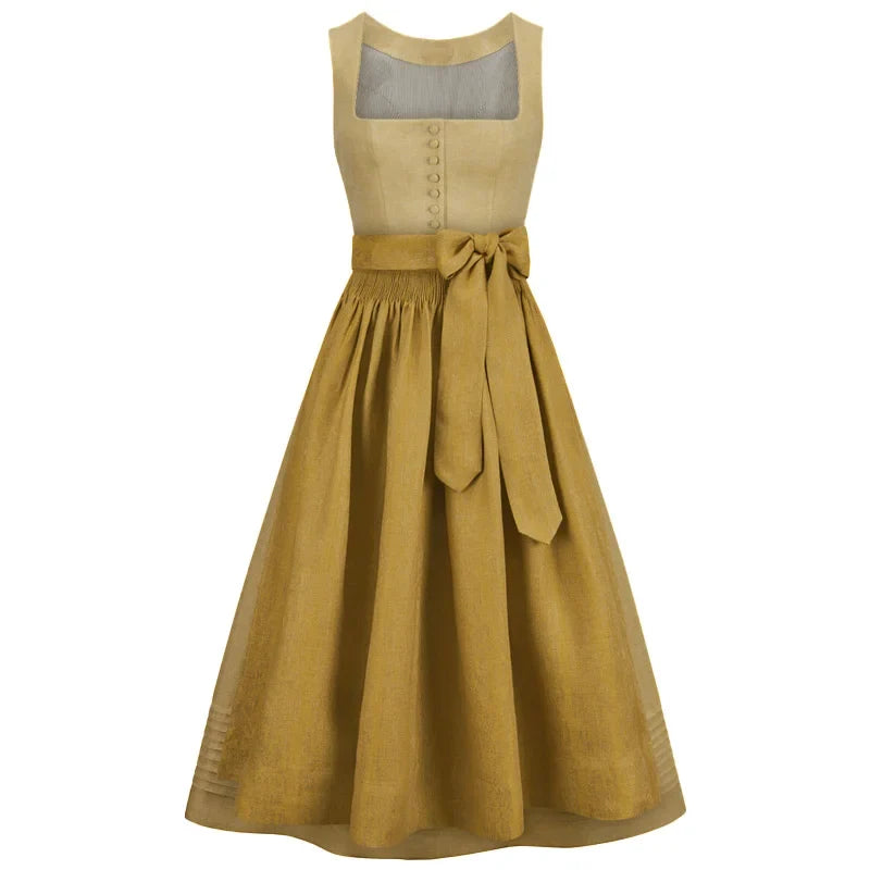 Mustard yellow dress with a bow detail on a white background