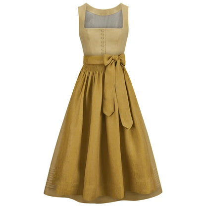 Mustard yellow dress with a bow detail on a white background